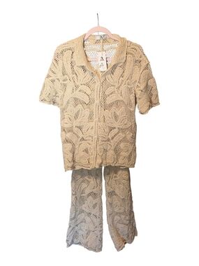 Beige Open-Knit Two-Piece Set with Short Sleeve Top and Pants - Women